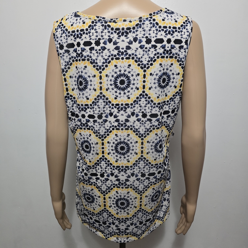 Roz & Ali Navy Yellow Abstract Ruffle Front Sleeveless Blouse – Size Large - Picture 5 of 8